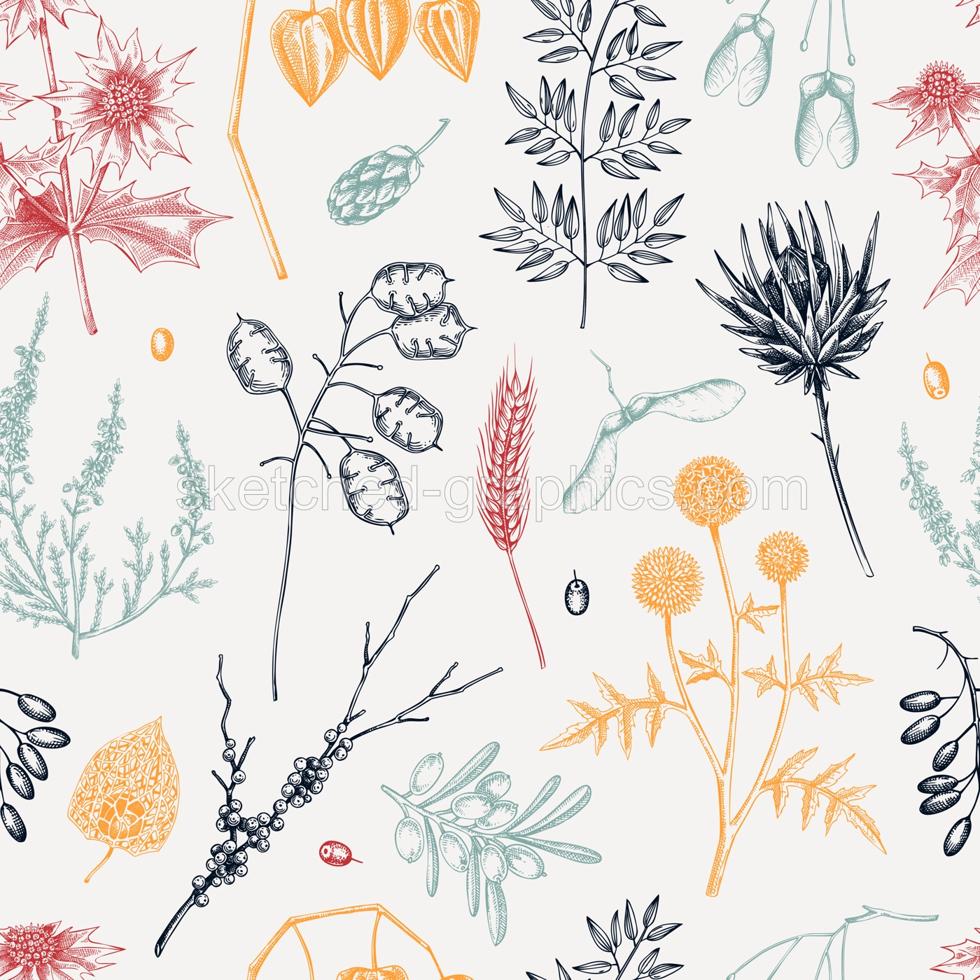 Sketch style fall leaves background. Dried flowers and autumn plants seamless pattern. Hand drawn vector illustration. NOT AI generated  Illustration